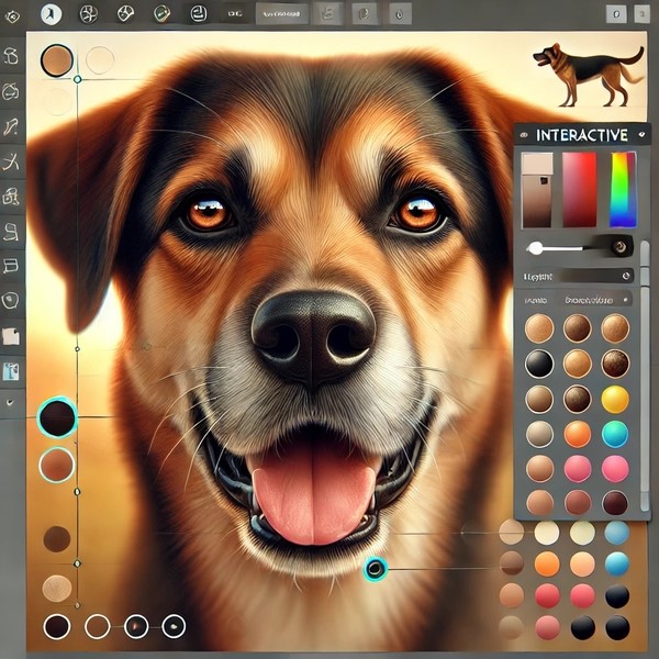 Interactive illustration of a dog's face with clickable areas to learn about canine facial expressions.