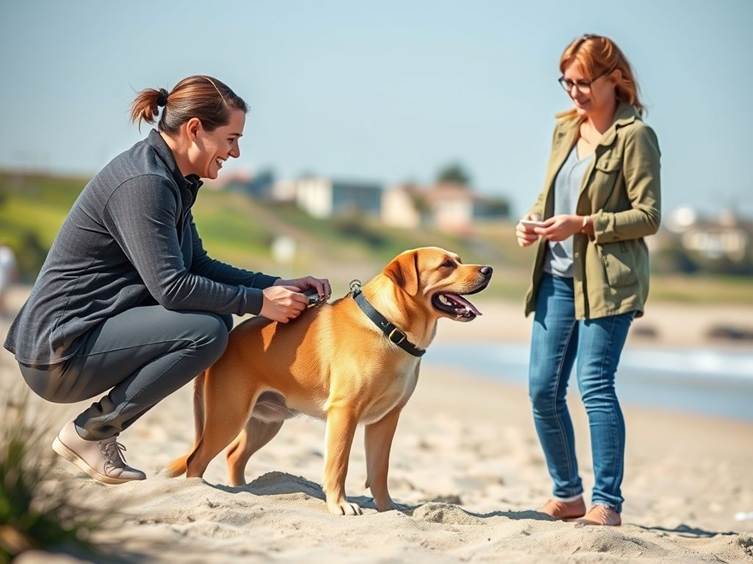 A Huntington Beach dog trainer working with an owner to help a dog overcome separation anxiety.